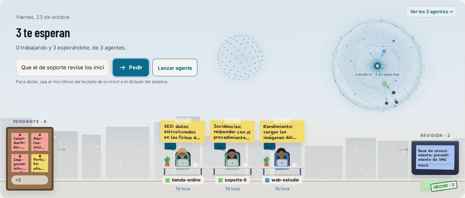 Inicio de Crew OS con tres agentes en sus mesas, la pizarra de pendientes, la de revisión y la barra de Jev (datos de demostración)