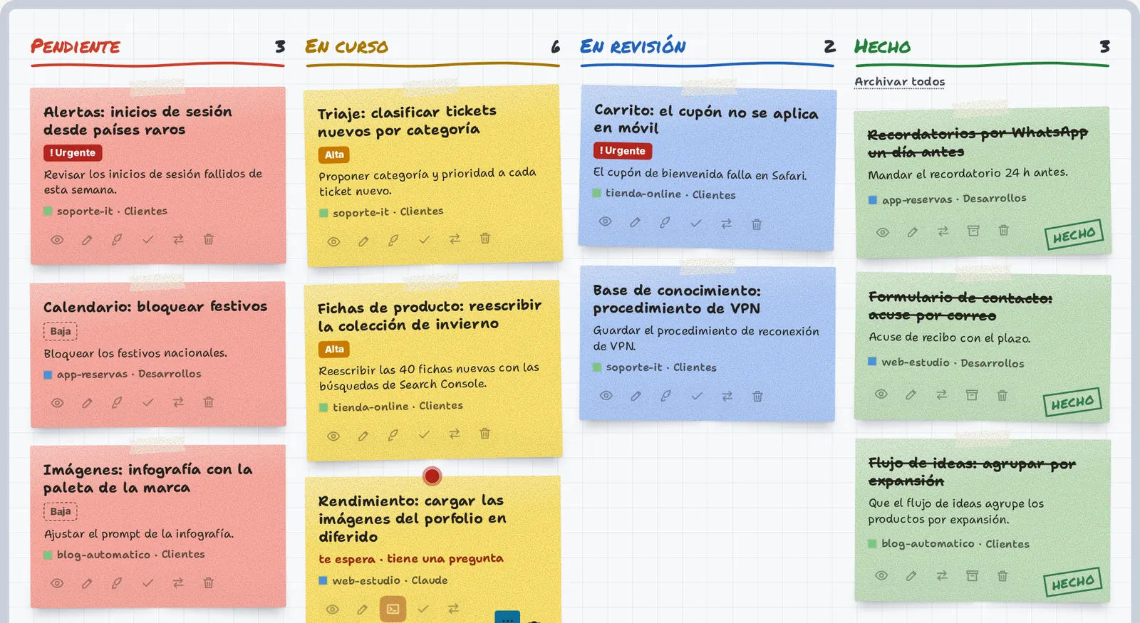 Pizarra de Crew OS, la plataforma con la que dirigimos los agentes de IA (datos de demostración)