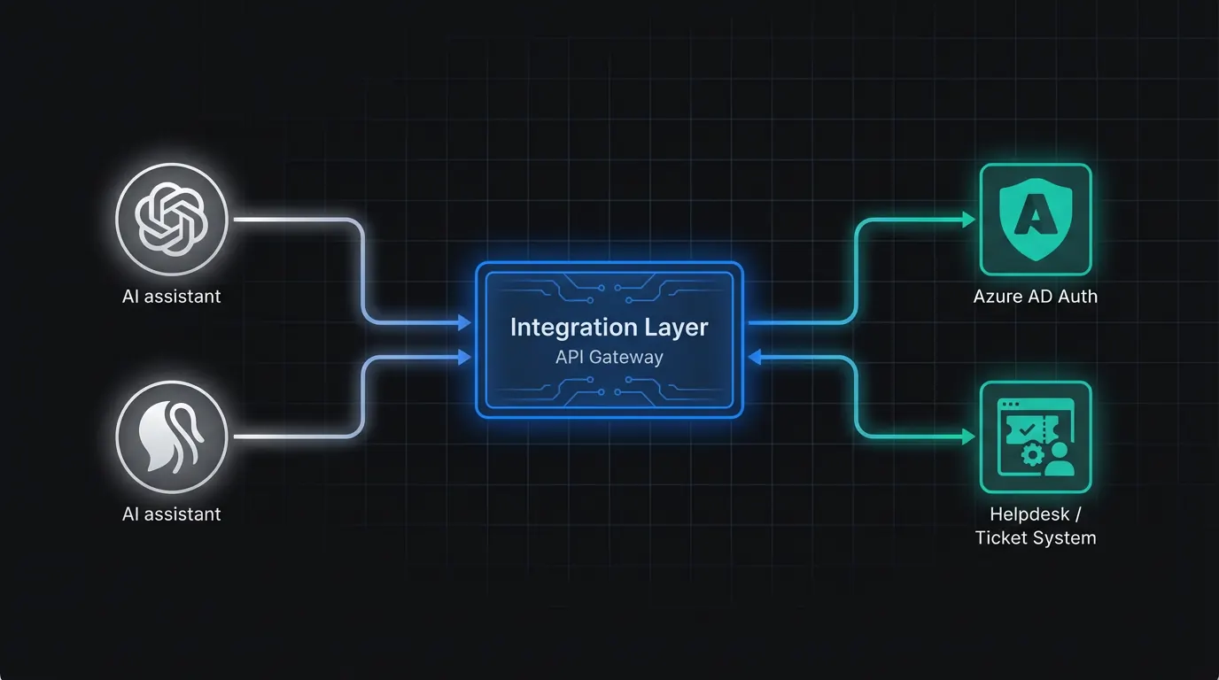 Ilustración de la arquitectura: asistentes de IA, autenticación con Azure AD y ServiceDesk Plus